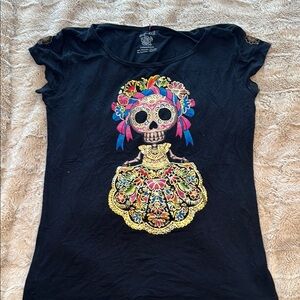 Black T-Shirt with Colorful Skull Design